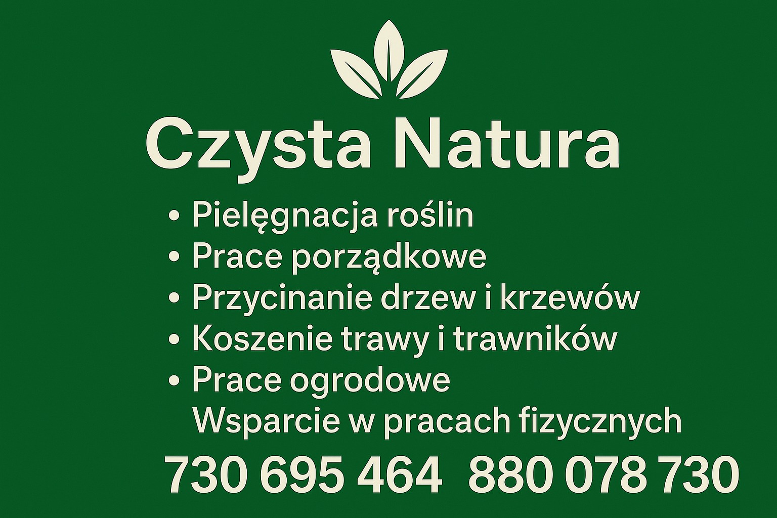 Grafika z logo i ofertą firmy ogrodniczej 'Czysta Natura'. Wymienione usługi: pielęgnacja roślin, prace porządkowe, koszenie trawy, przycinanie drzew i krzewów. Kontakt telefoniczny.