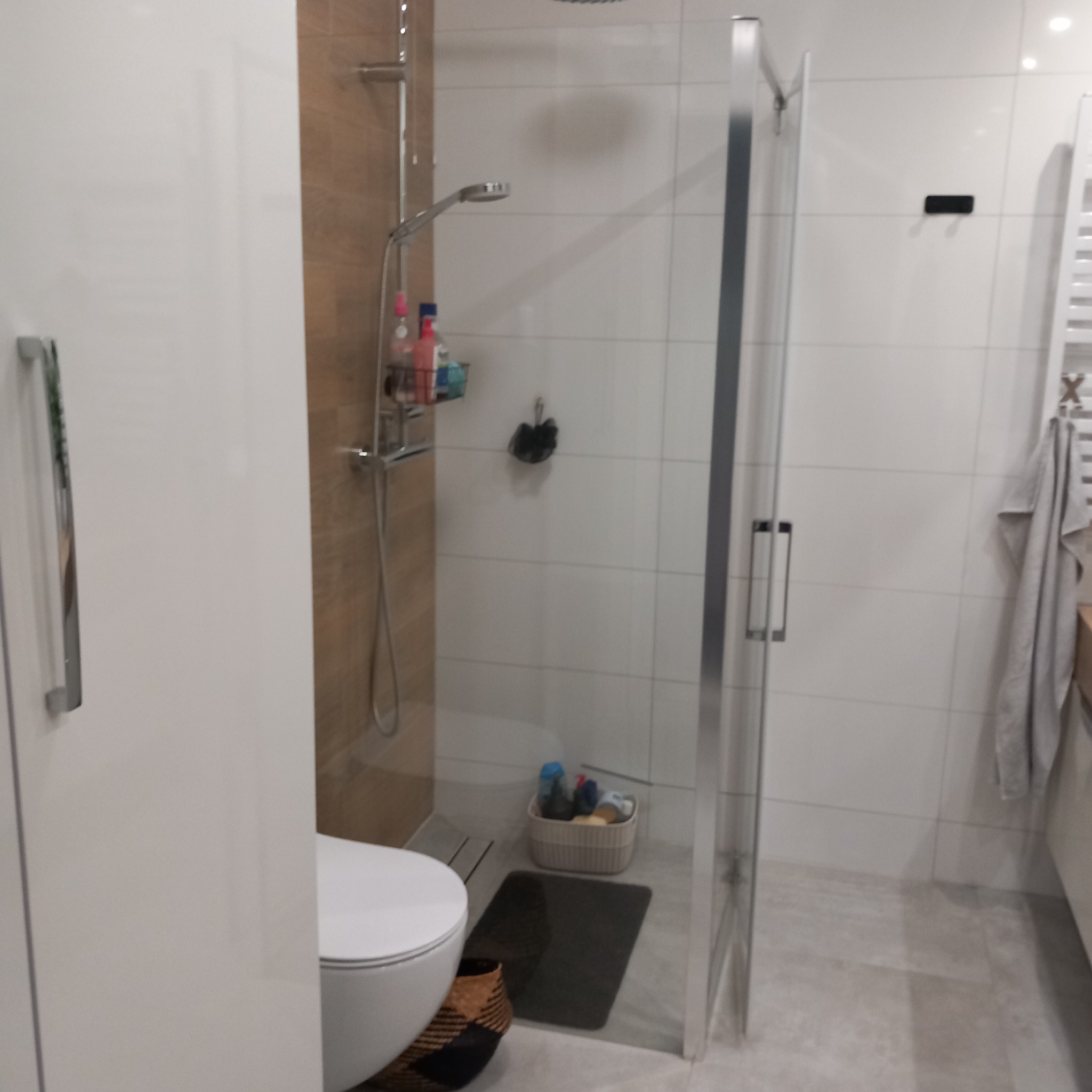 Wnętrze łazienki z kabiną prysznicową, toaletą i grzejnikiem drabinkowym. Na półce pod prysznicem widoczne kosmetyki, a w rogu koszyk z środkami czystości.