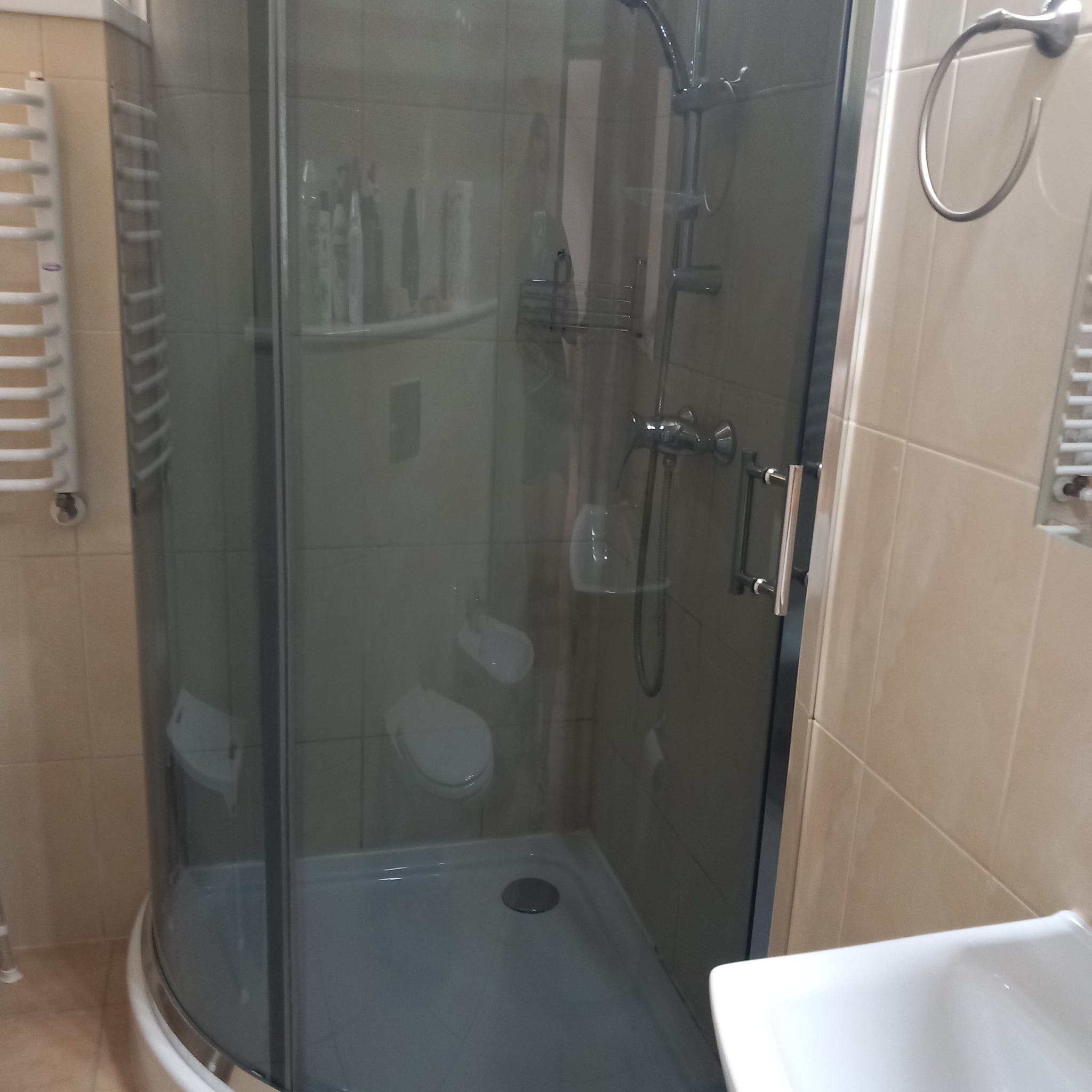 Wnętrze łazienki z kabiną prysznicową z ciemnymi szybami, widoczne płytki w beżowym odcieniu, grzejnik drabinkowy i umywalka.