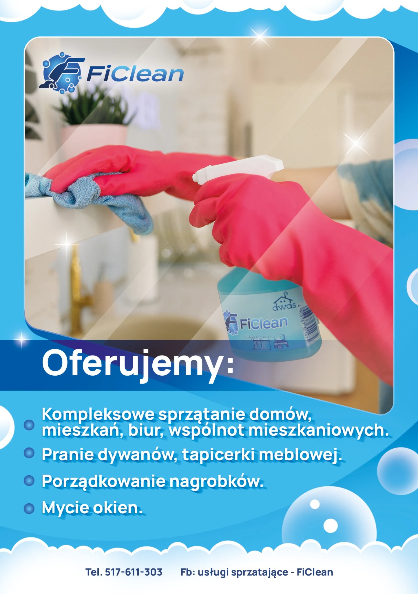 Plakat reklamowy firmy sprzątającej: Ręka w różowej rękawicy czyści białą powierzchnię niebieską ściereczką, w tle butelka ze środkiem czyszczącym i logo firmy.