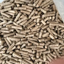 Jasne, cylindryczne brykiety z biomasy, prawdopodobnie z trocin drzewnych, wypełniające przezroczysty worek, widok z góry.