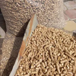 Spora ilość pelletu drzewnego w metalowej szufli, w tle przezroczysty worek wypełniony tym samym materiałem, kostka brukowa w tle.