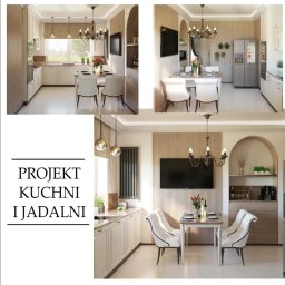 Komarova Design - Wizualizacja projektu kuchni z jadalnią w jasnych barwach z elementami drewna, z klasycznym żyrandolem i telewizorem na ścianie, obejmująca kilka ujęć.