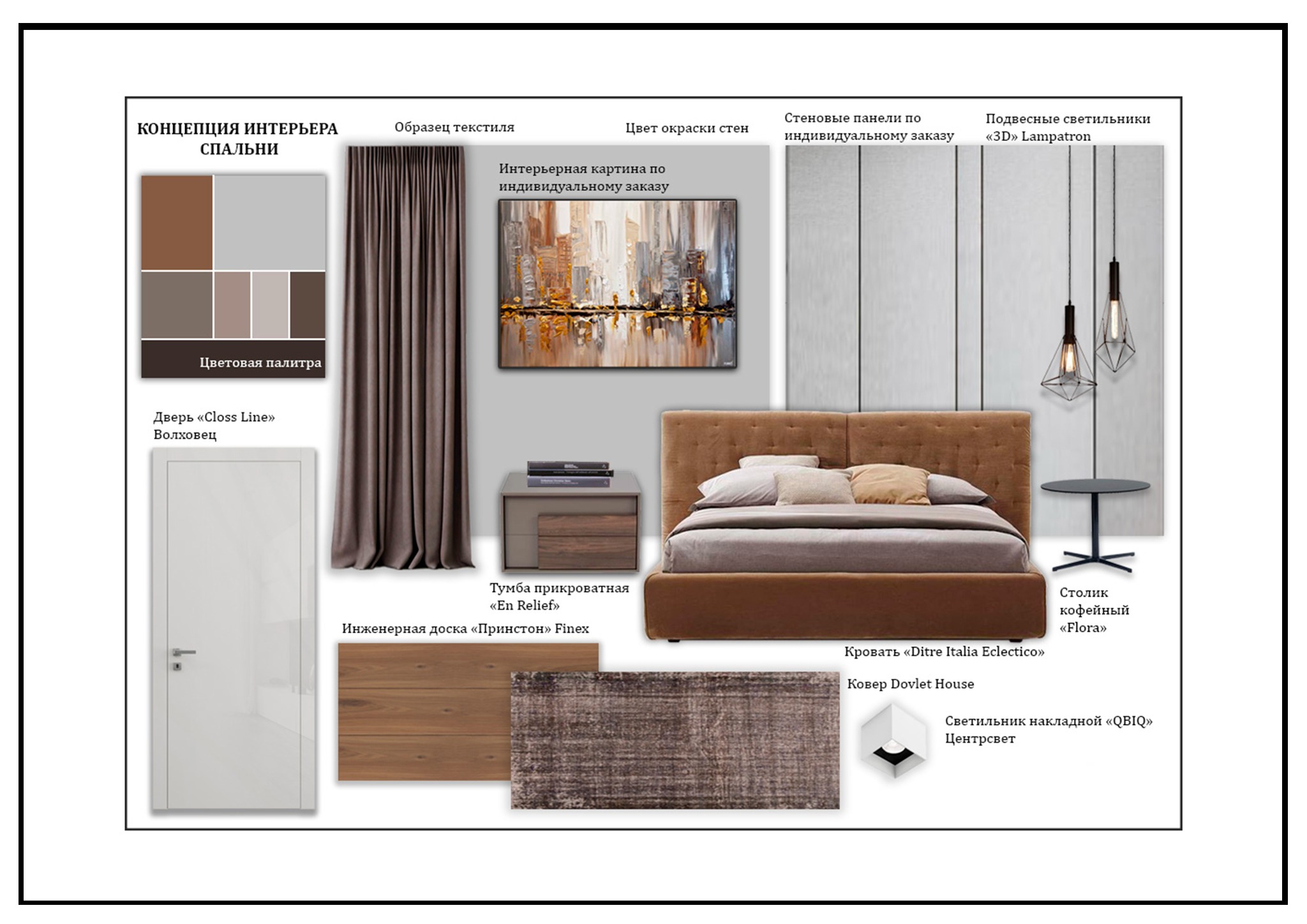 Koncepcja aranżacji sypialni: paleta kolorów, wzór tekstyliów, farba ścienna, panel ścienny na zamówienie, obraz, drzwi, listwa przypodłogowa, stolik nocny, dywan, lampa wisząca, lampa sufitowa...