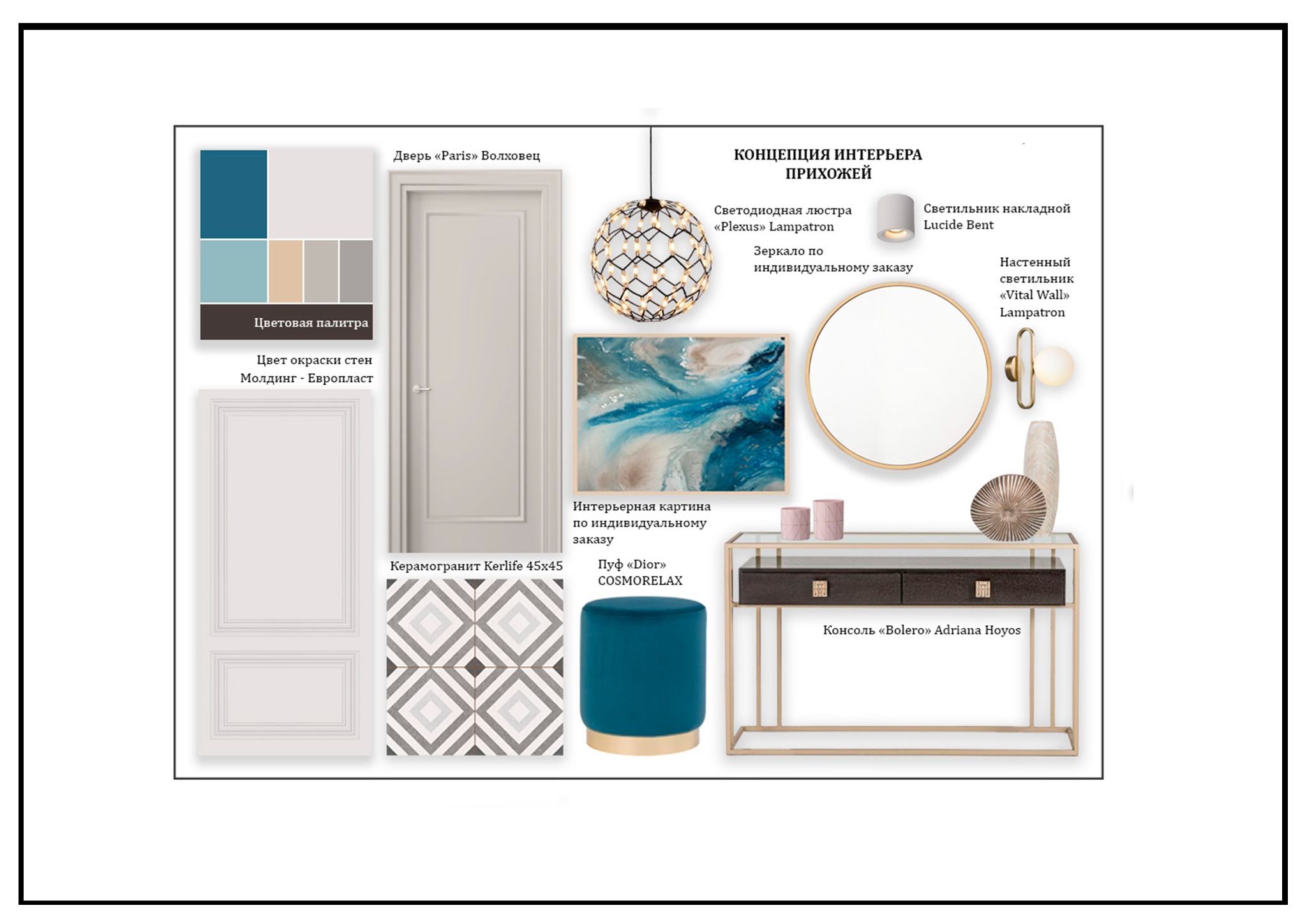 Koncepcja aranżacji wnętrza przedpokoju: paleta kolorów, drzwi Paris, płytki Kerlife, obraz, pufa Dior, lustro, konsola Bolero, oświetlenie Plexus i Vital Wall.