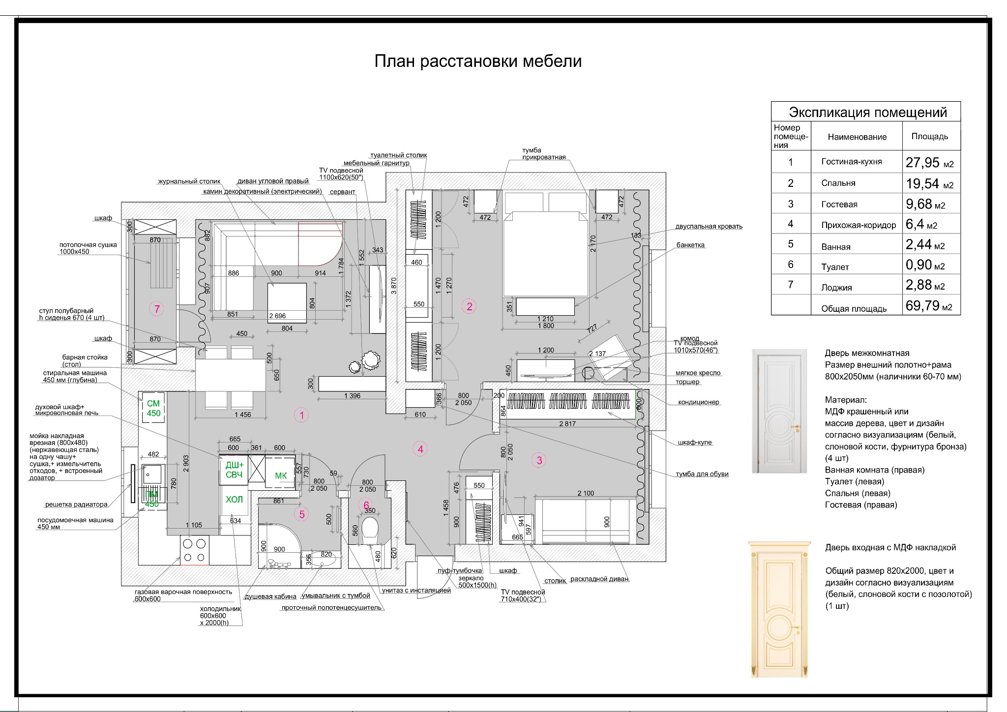 Plan rozkładu mieszkania z wymiarami, uwzględniający rozmieszczenie mebli i urządzeń w kuchni, łazience, salonie, sypialni i przedpokoju.