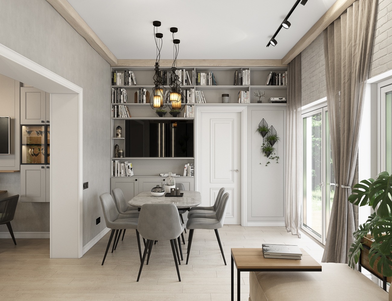 Jasne wnętrze jadalni w Warszawie z szarymi krzesłami wokół marmurowego stołu, zabudowana biblioteczka z telewizorem, minimalistyczne lampy wiszące i rośliny doniczkowe.