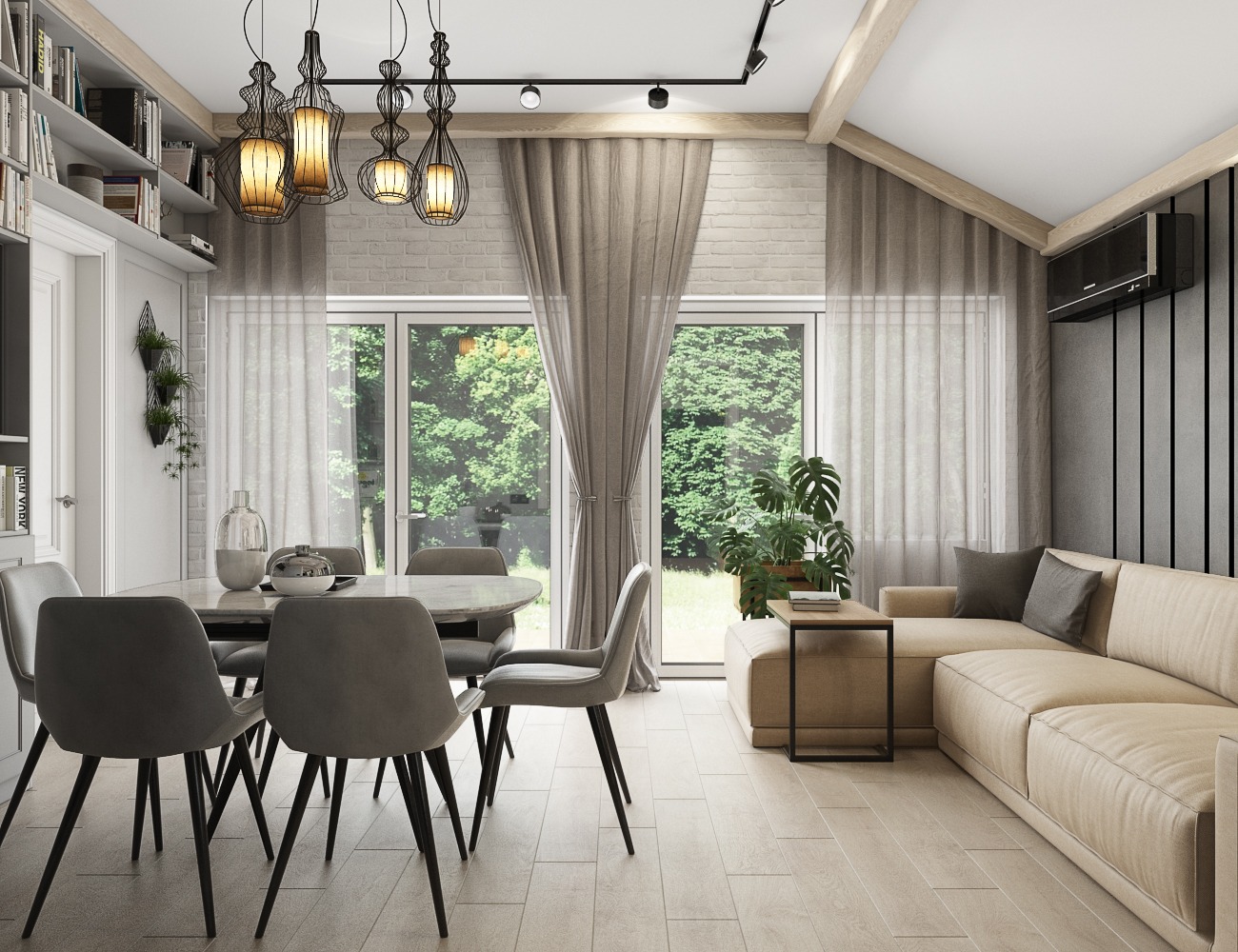 Jasne wnętrze salonu z jadalnią: beżowa sofa narożna, okrągły stół z szarymi krzesłami, dekoracyjne lampy wiszące i duże okno z widokiem na zieleń.