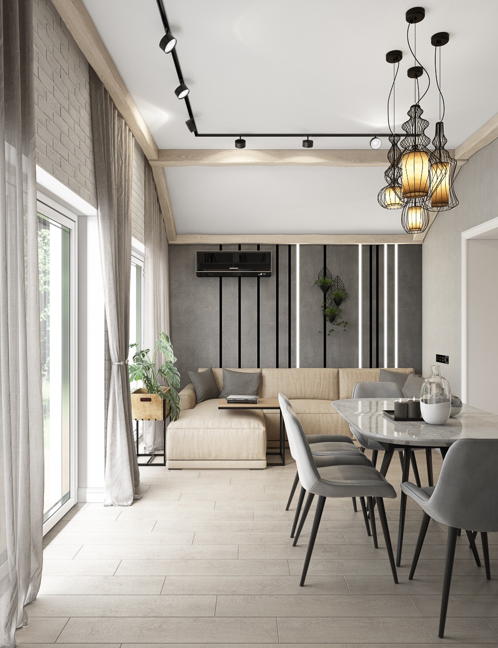 Jasne wnętrze salonu z narożną sofą, marmurowym stołem jadalnym i designerską lampą wiszącą; widoczne oświetlenie szynowe na suficie i dekoracyjna ściana z pionowymi panelami.