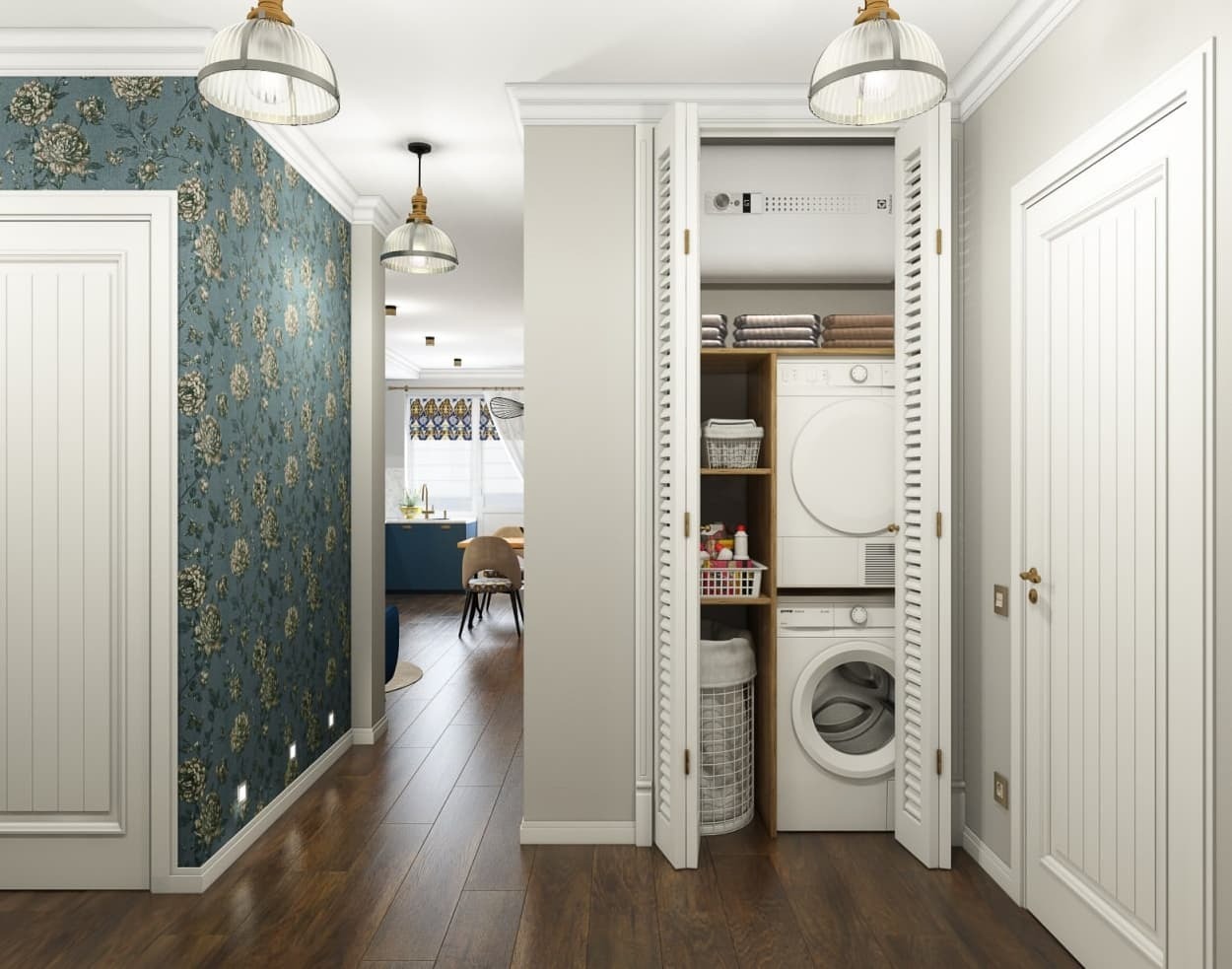 Wnętrze mieszkania z szafą wnękową kryjącą pralkę i suszarkę, widok na korytarz z tapetą w kwiaty i oświetleniem punktowym w podłodze, w tle widoczna kuchnia.