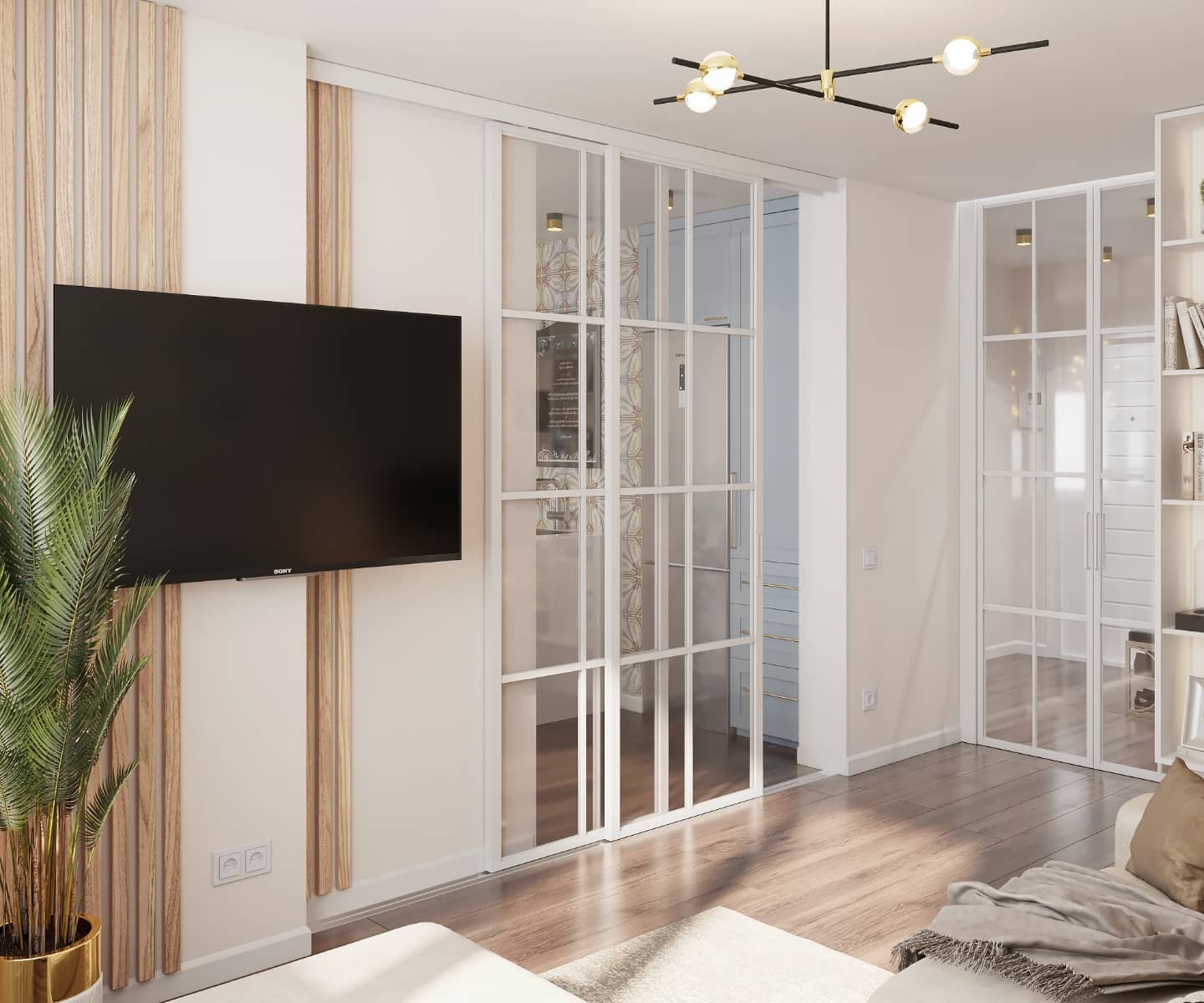 Nowoczesne wnętrze salonu z drewnianą podłogą, białymi ścianami i szklanymi przesuwnymi drzwiami, telewizor na ścianie z drewnianymi panelami, designerska lampa sufitowa.
