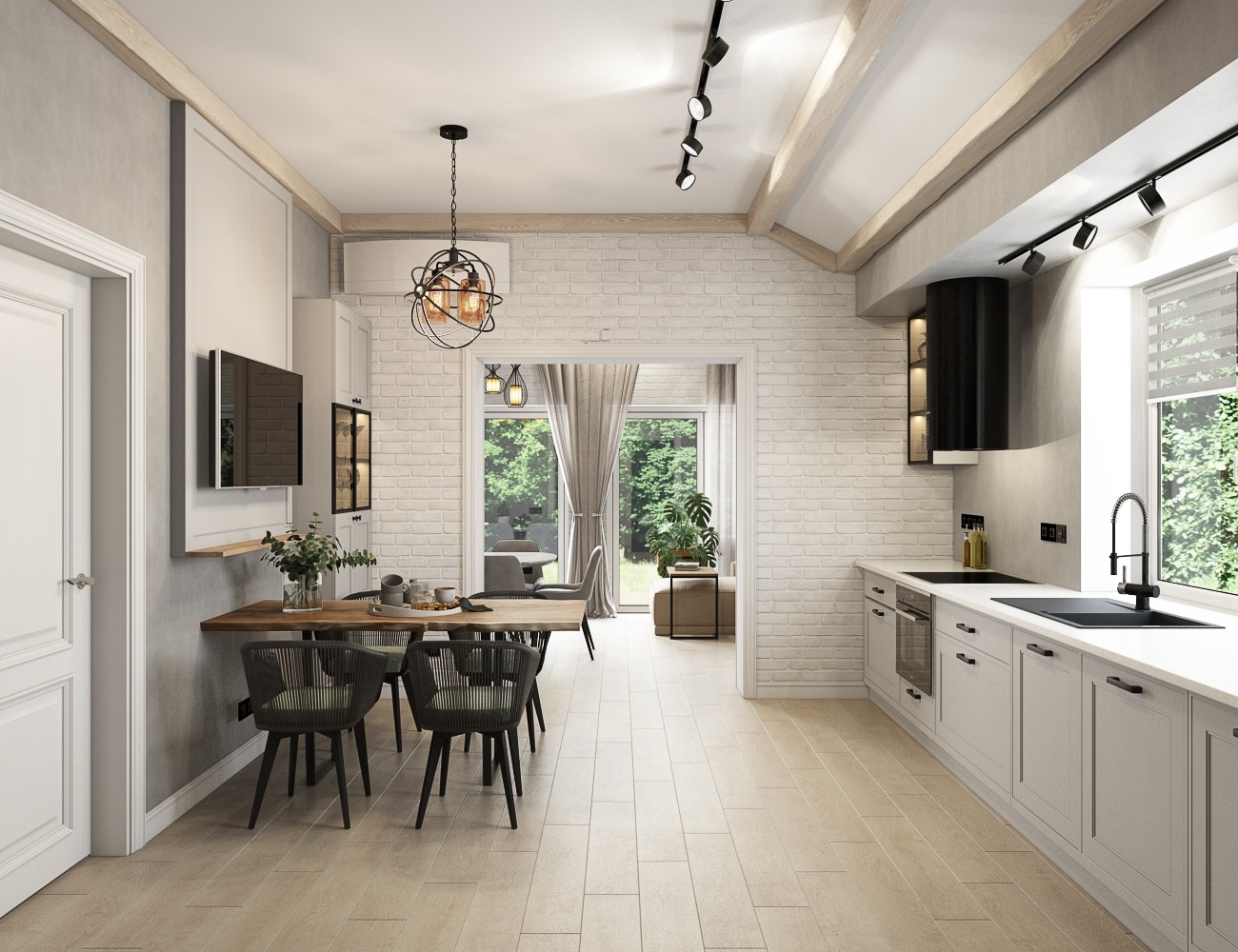Jasna kuchnia z ceglaną ścianą, drewnianym stołem jadalnym i czarnymi krzesłami z plecionki, widok na salon przez otwarte drzwi.