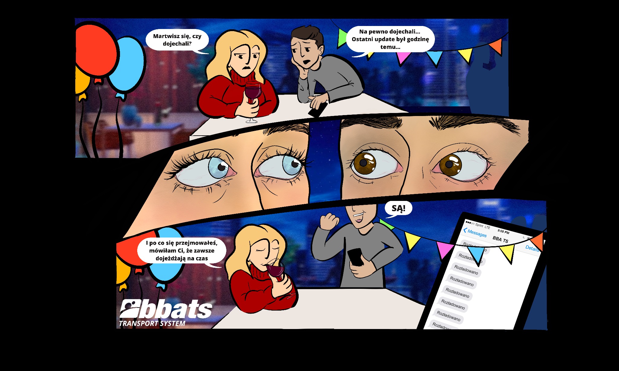 Komiks przedstawiający parę oczekującą na przyjazd transportu, z zaniepokojoną kobietą i mężczyzną sprawdzającym status dostawy na telefonie, z widocznymi komunikatami 'Rozładowano' i logo firmy...