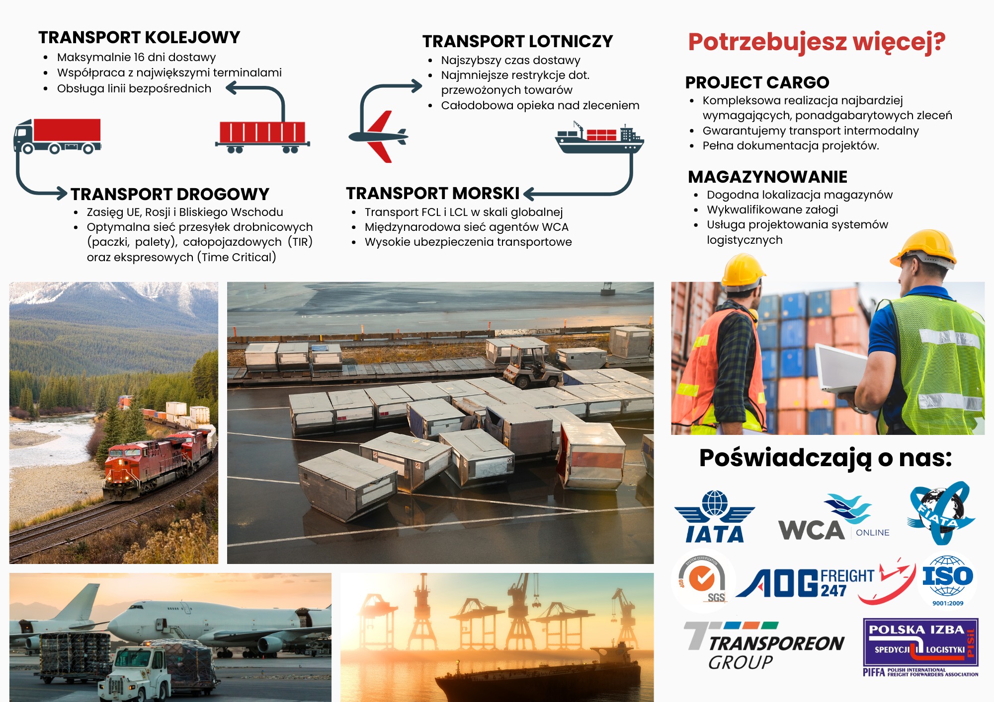 Kompozycja zdjęć przedstawiająca różne rodzaje transportu: kolejowy z czerwonym pociągiem w górskim krajobrazie, drogowy z kontenerami, lotniczy z samolotem i wózkiem bagażowym, morski z dźwigami...