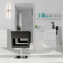 Wnętrze salonu fryzjerskiego w jasnych barwach z marmurową podłogą, wyposażone w minimalistyczne białe meble, duże lustra, designerskie lampy ścienne i czarne fotele fryzjerskie z metalową podstawą.