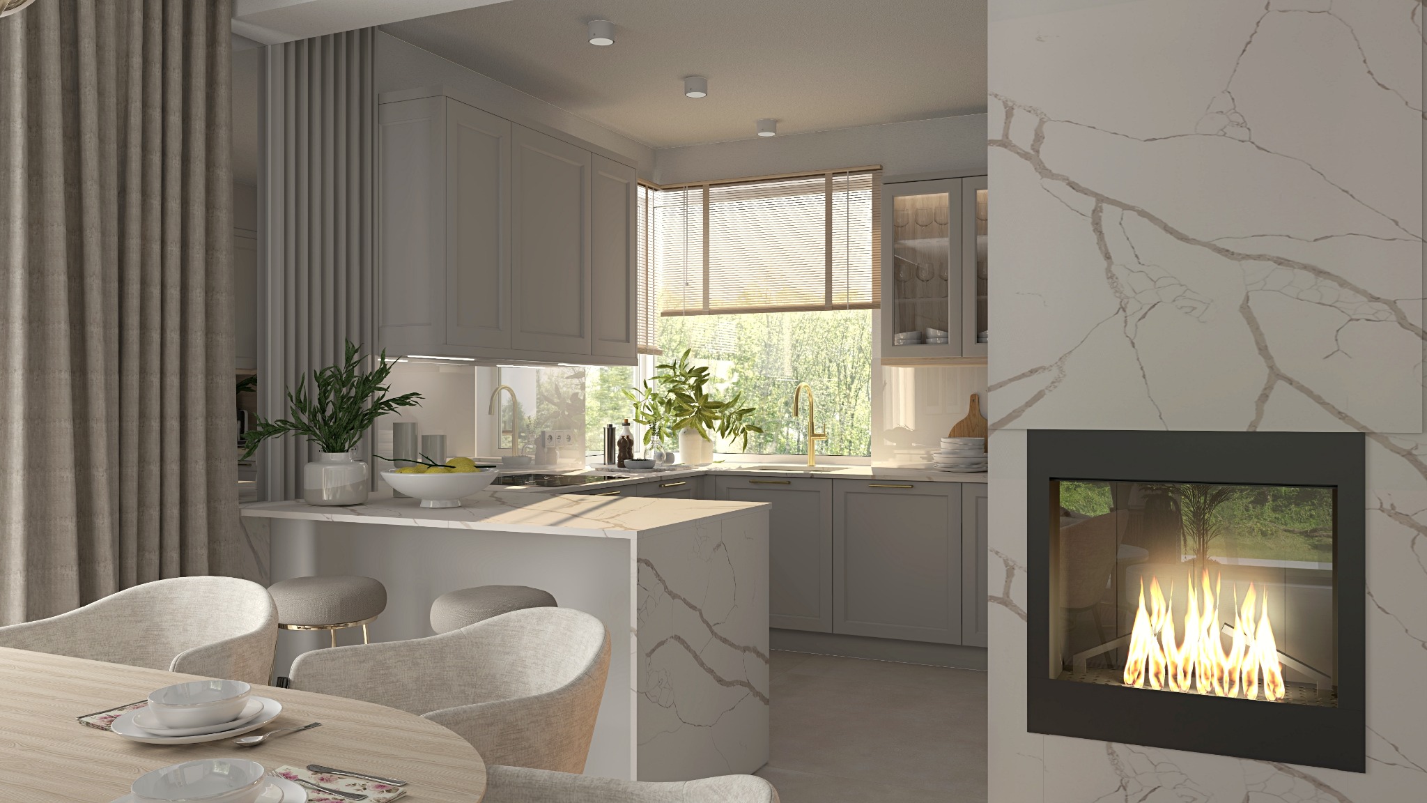 Jasna, nowoczesna kuchnia z wyspą, kominkiem i zasłonami, widok na zewnątrz przez okno, stół z nakryciem dla czterech osób.