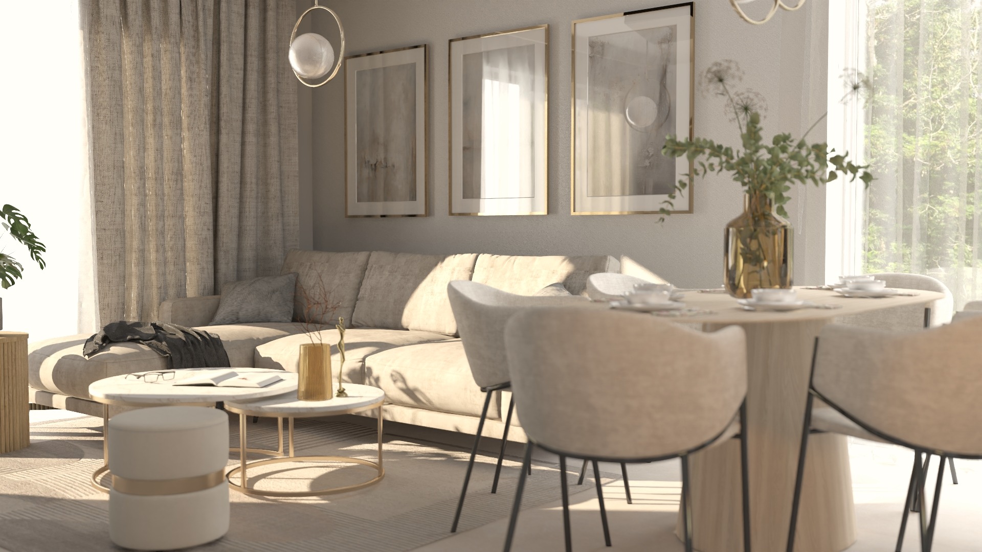 Jasne, przestronne wnętrze salonu z jadalnią, beżowa sofa z poduszkami, stoliki kawowe z dekoracjami, okrągły stół z krzesłami i zastawą, trzy obrazy w złotych ramach na ścianie, zasłony i widok...