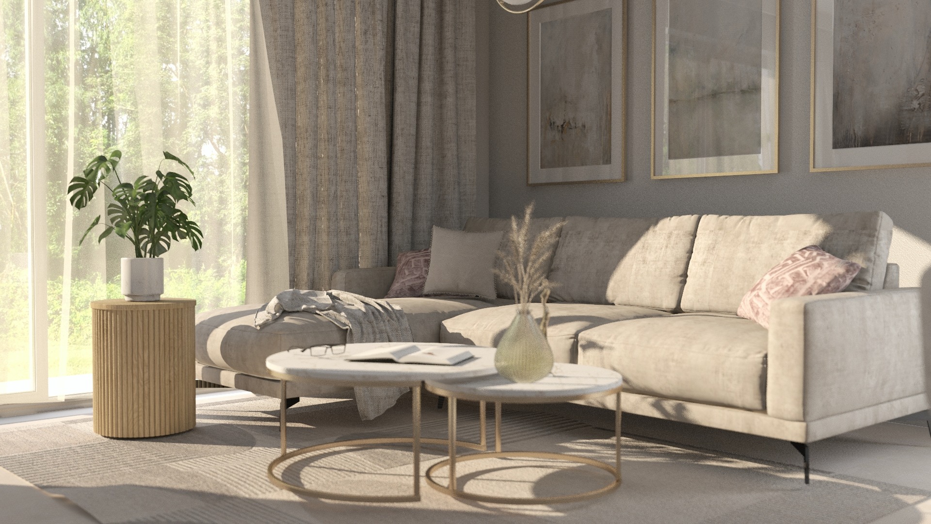 Jasny salon z beżową sofą, marmurowymi stolikami kawowymi ze złotymi nogami, rośliną Monstera na drewnianym stoliku pomocniczym i abstrakcyjnymi obrazami na ścianie