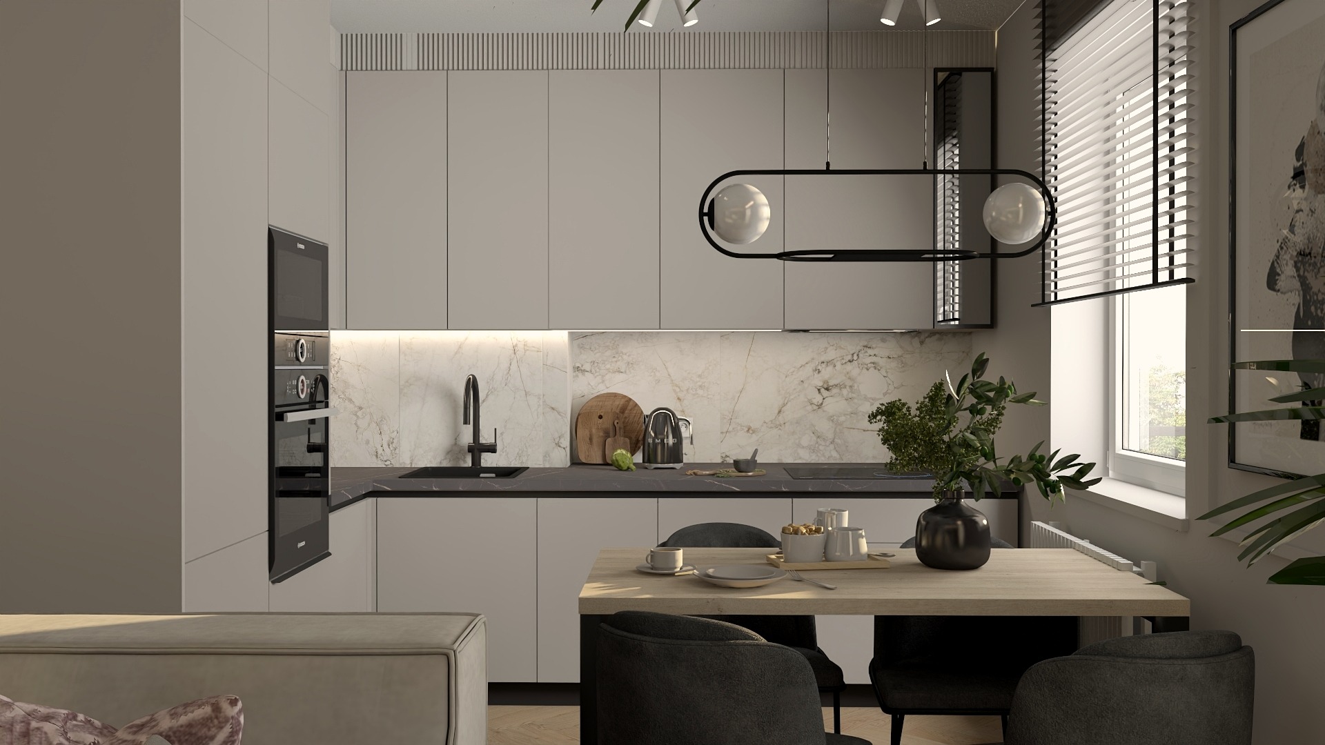 Nowoczesna kuchnia w odcieniach szarości z marmurowym backsplash, czarnym osprzętem i minimalistyczną lampą wiszącą nad drewnianym stołem jadalnym z zastawą.