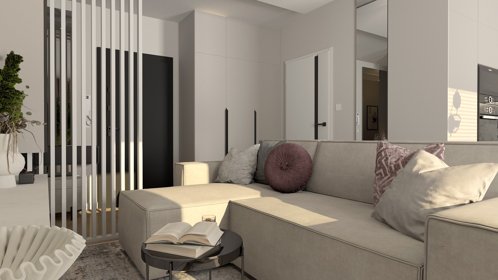 Jasny salon z beżową sofą narożną, otwartą książką na stoliku kawowym, dekoracyjną ścianką działową z pionowych listew i rośliną w tle.