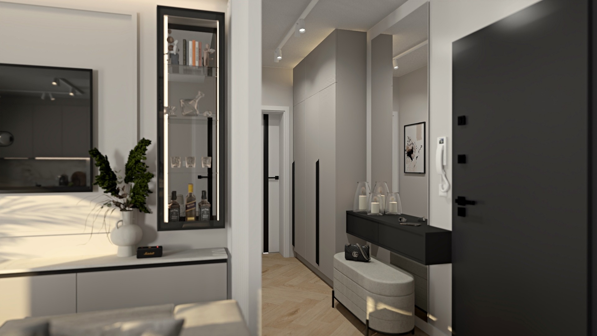 Nowoczesny przedpokój z szarą szafą w zabudowie, czarną konsolą, pufą z szarej tkaniny i minimalistycznym oświetleniem punktowym.