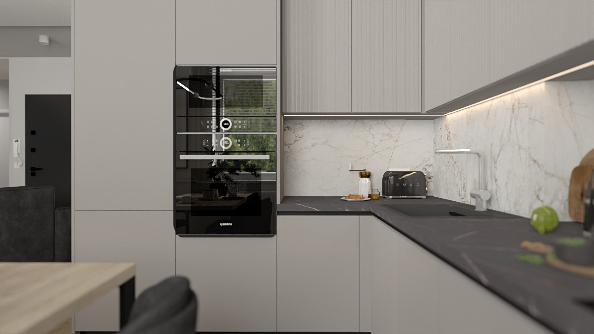 Minimalistyczna kuchnia w odcieniach szarości z zabudową kuchenną, piekarnikiem Bosch, tosterem Smeg na blacie z marmurowym wzorem i oświetleniem LED pod szafkami.
