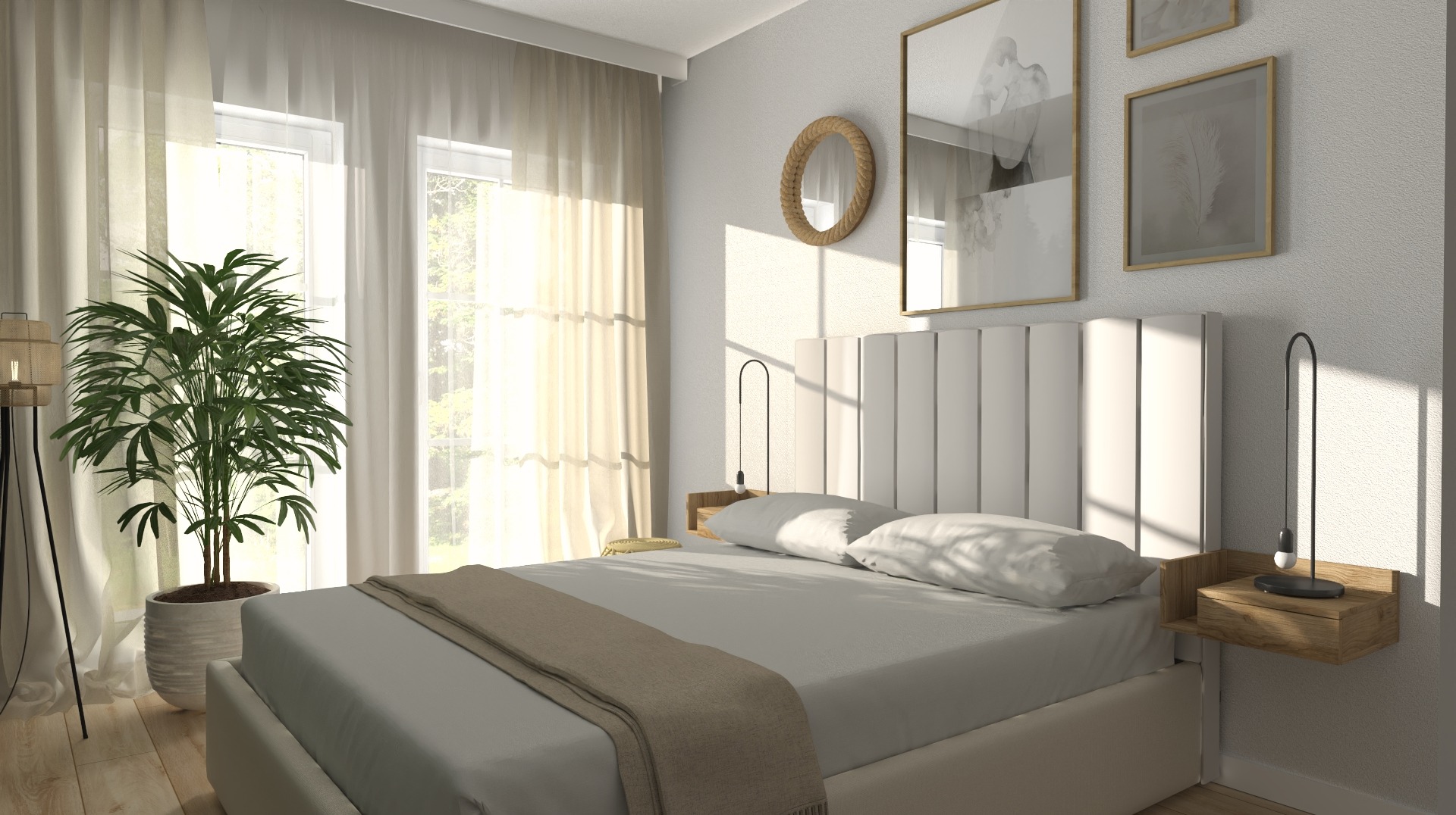 Jasna sypialnia z białą tapicerowaną ścianą za łóżkiem, drewnianymi szafkami nocnymi i lampkami w kształcie łuku, z dużym zielonym kwiatem doniczkowym po lewej stronie i promieniami słońca...