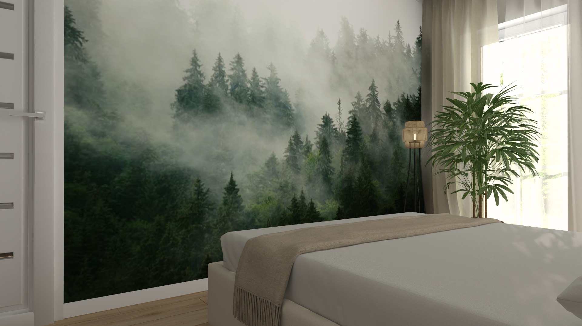 Sypialnia z fototapetą przedstawiającą mglisty las iglasty, lampa podłogowa z abażurem z naturalnego materiału, roślina doniczkowa przy oknie z zasłonami.