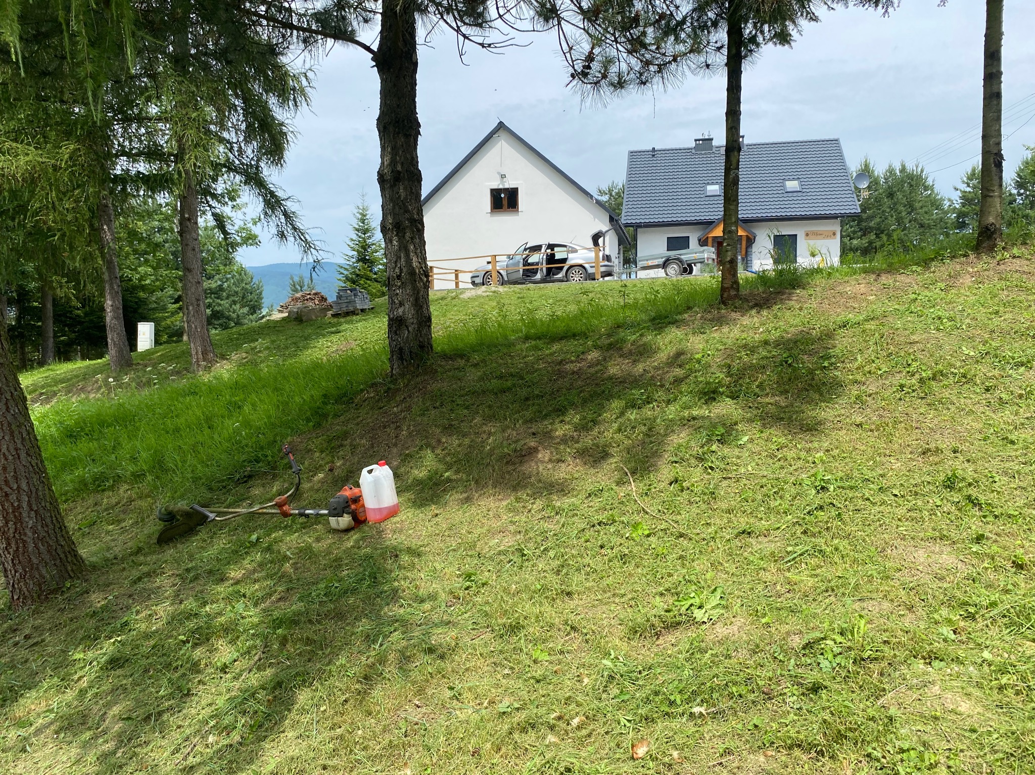 Spalinowa kosa do trawy leży na skoszonej trawie przed domem jednorodzinnym z przyczepką, widoczne drzewa i częściowo skoszony trawnik.