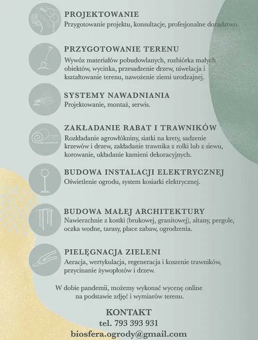 Folder reklamowy firmy ogrodniczej oferującej projektowanie, przygotowanie terenu, systemy nawadniania, zakładanie rabat i trawników, budowę instalacji elektrycznej, budowę małej architektury...