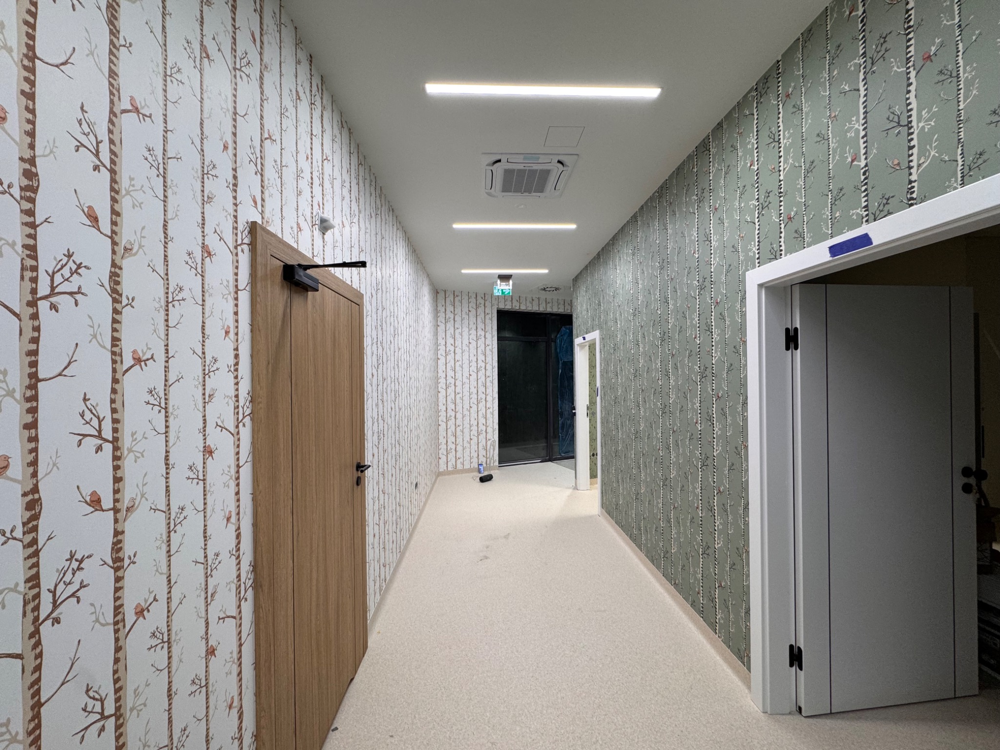 Długi korytarz z dwoma rodzajami tapet w motywy drzew i ptaków. Po lewej stronie tapeta w odcieniach brązu, po prawej zielona. Na suficie widoczne oświetlenie liniowe.
