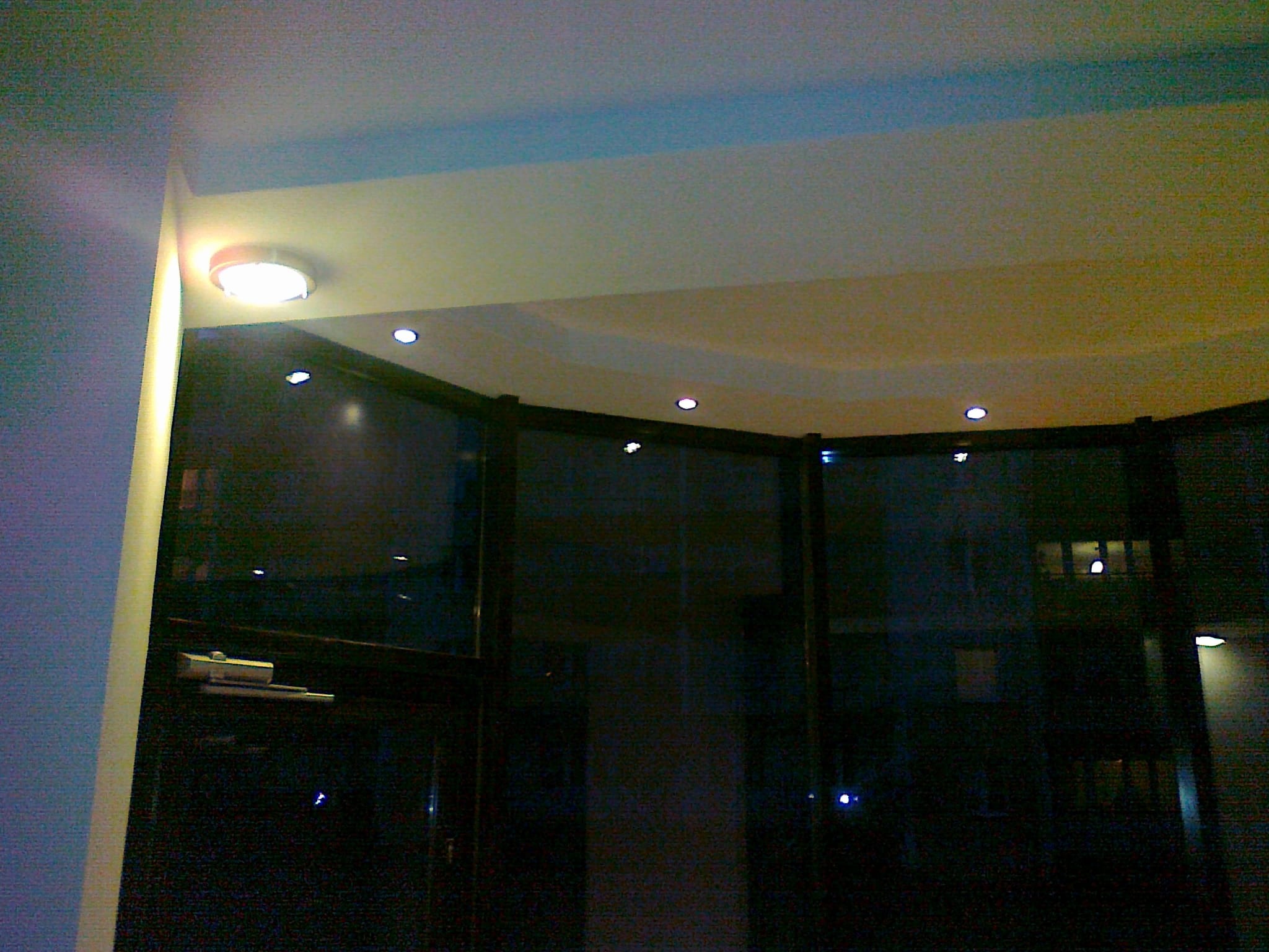 Nowoczesne oświetlenie sufitowe LED w pomieszczeniu z przeszkloną ścianą i drzwiami.