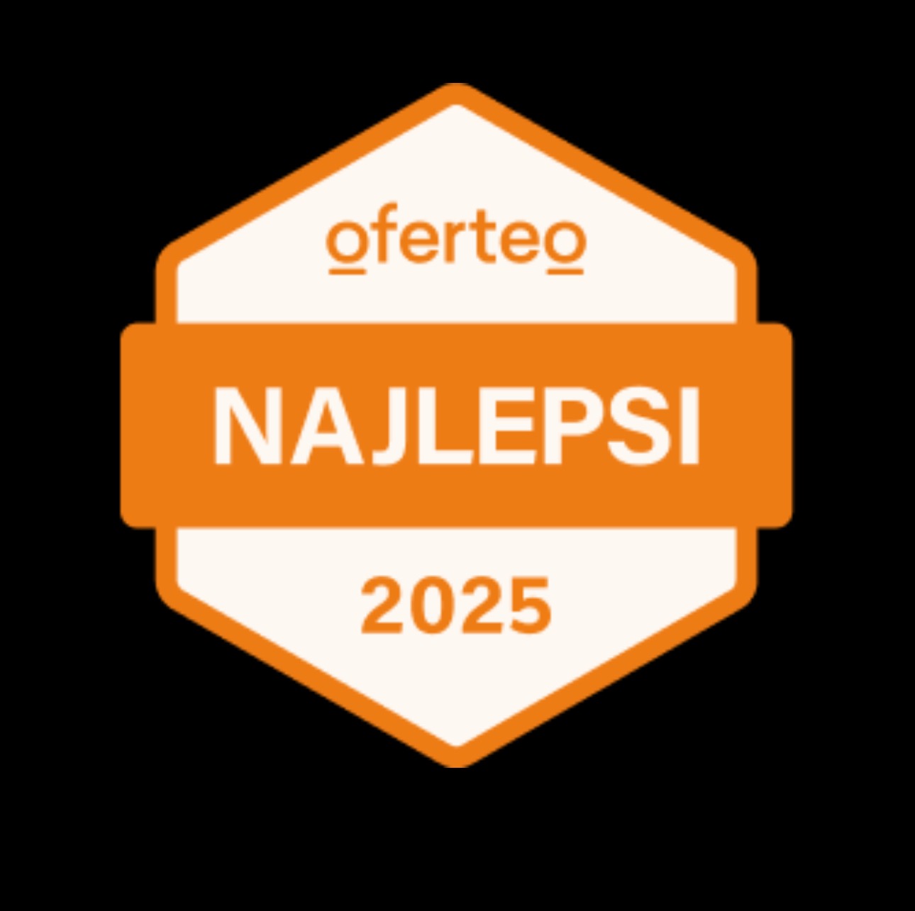 Oferteo: Najlepsi 2025. Pomarańczowo-biała odznaka na czarnym tle, symbol jakości i uznania w roku 2025. Minimalistyczny design.