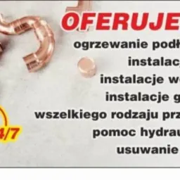 Reklama usług hydraulicznych: miedziane złączki, informacja o dostępności 24/7 oraz wykaz oferowanych usług: ogrzewanie podłogowe, instalacje C.O., wod-kan, gazowe, przeróbki, pomoc hydrauliczna...