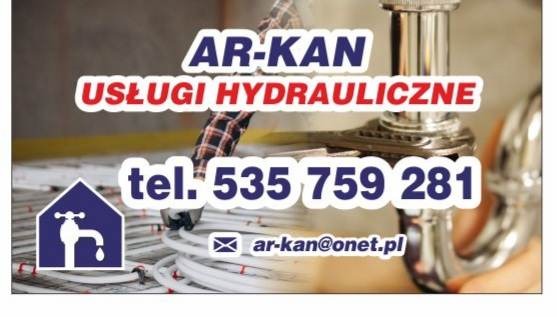 Kolaż reklamowy firmy hydraulicznej AR-KAN z numerem telefonu, adresem e-mail, logotypem z kranem i fragmentami instalacji oraz narzędzi.