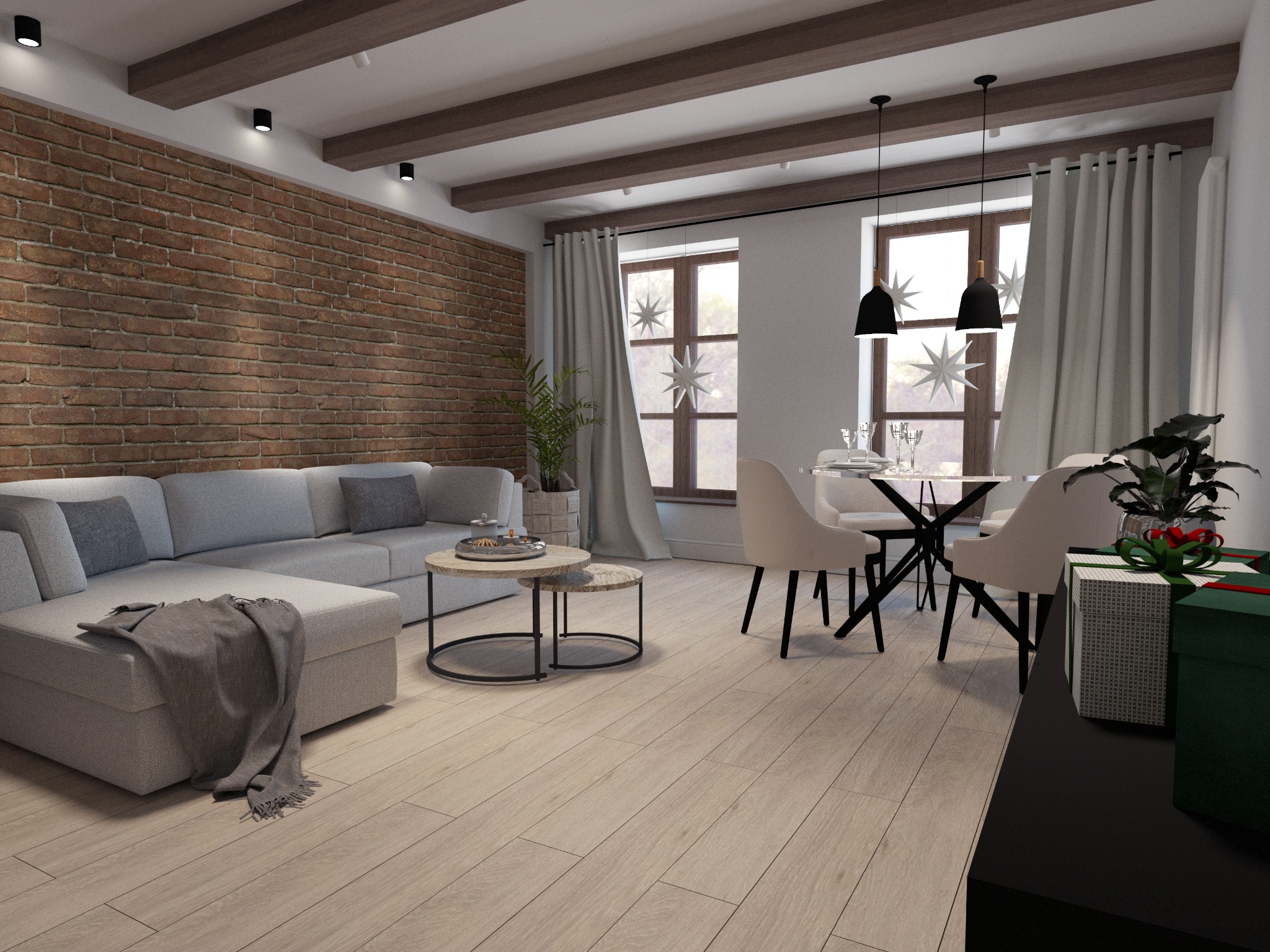 Jasne wnętrze salonu z ceglaną ścianą, szarą sofą z narzutą, okrągłymi stolikami kawowymi i stołem jadalnym z krzesłami, oświetlone wiszącymi lampami i z dekoracjami okiennymi w postaci gwiazd.