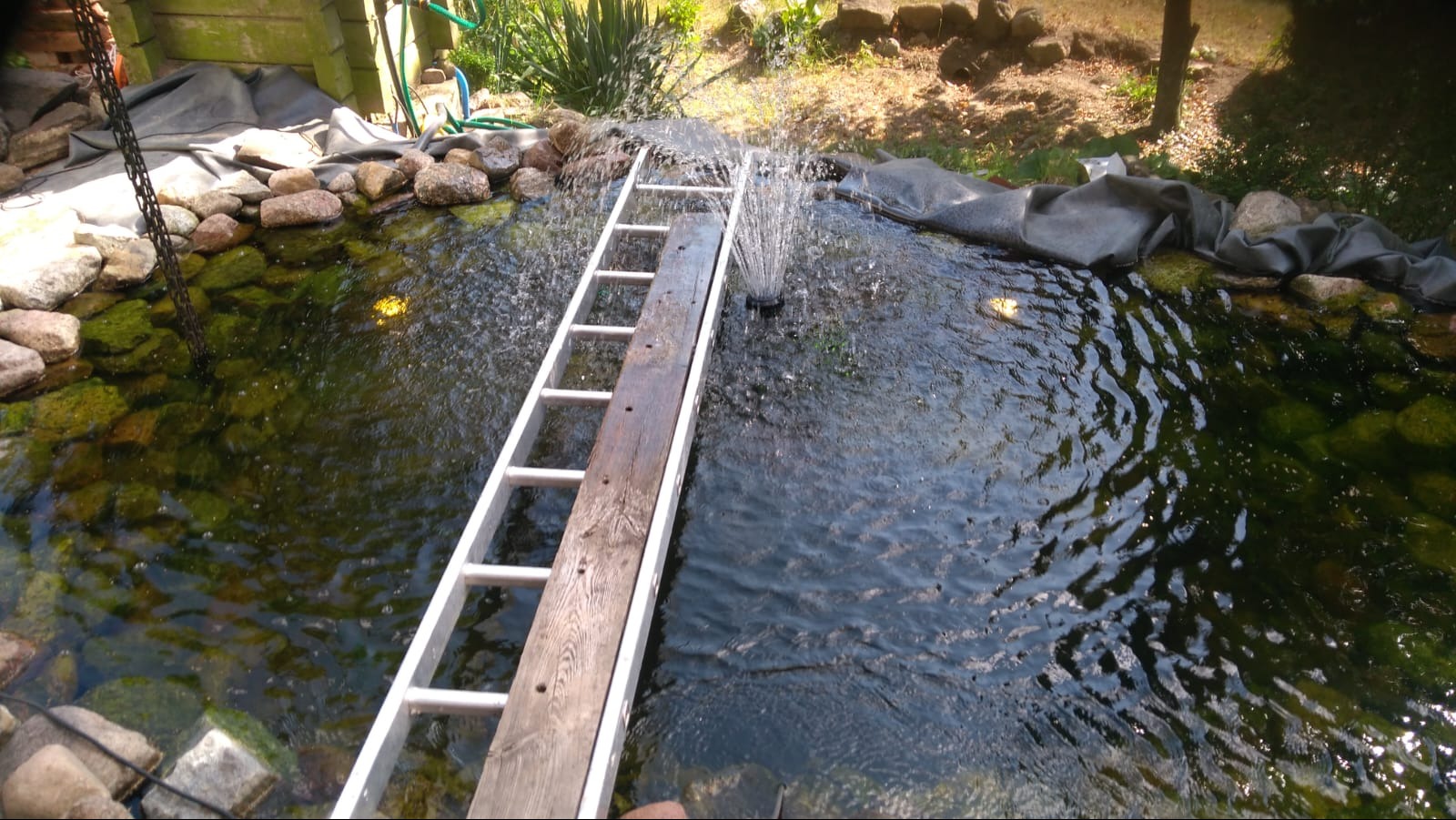 Oczko wodne z fontanną, wyłożone kamieniami i zabezpieczone folią, z drabinką ułatwiającą dostęp do fontanny w centralnej części.