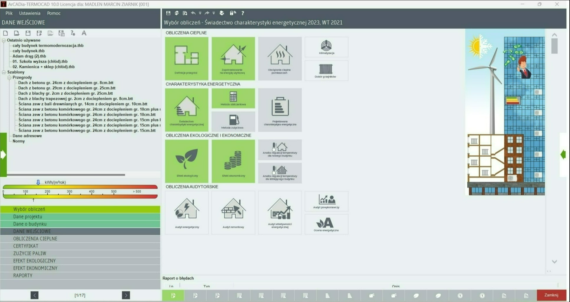 Interfejs programu ArCADia-TERMOCAD 10.0 z otwartym oknem wyboru obliczeń dla świadectwa charakterystyki energetycznej, prezentujący moduły obliczeń cieplnych, charakterystyki energetycznej...