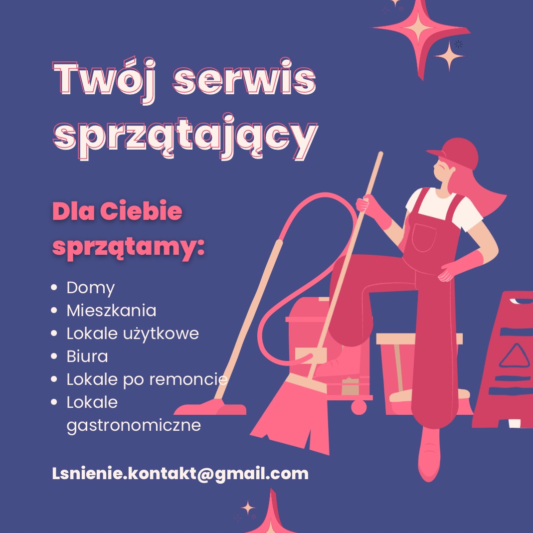 Grafika reklamowa serwisu sprzątającego z ilustracją kobiety w kombinezonie, wiadra, mopa, odkurzacza i tabliczki ostrzegawczej na fioletowym tle.