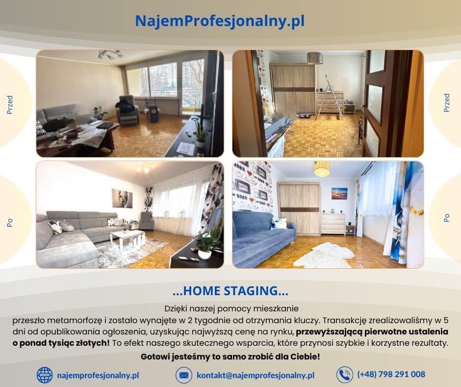 Metamorfoza mieszkania we Wrocławiu: porównanie stanu przed i po home stagingu, prezentujące salon i sypialnię z nowym umeblowaniem i dekoracjami.