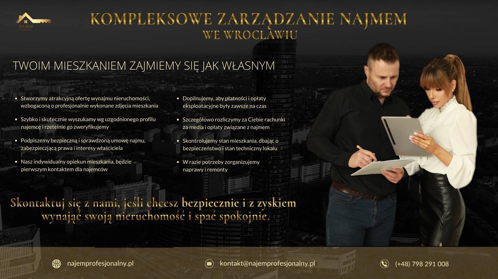 Mężczyzna i kobieta w biznesowych strojach analizują dokumenty i tablet, na tle panoramy miasta, koncepcja zarządzania nieruchomościami.