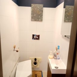 Damian Rusin - Niewykończona łazienka z białą ceramiką, płytkami i ciemnym pasem na górze ściany; widoczny montaż toalety na kartonach, umywalka z armaturą i dozownikiem mydła, oraz dekoracyjny obraz na ścianie.