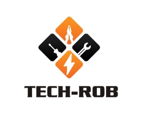 Logo firmy Tech-Rob przedstawiające cztery romby: pomarańczowy z symbolem szczypiec, czarny ze śrubokrętem, czarny z kluczem francuskim i pomarańczowy z błyskawicą.
