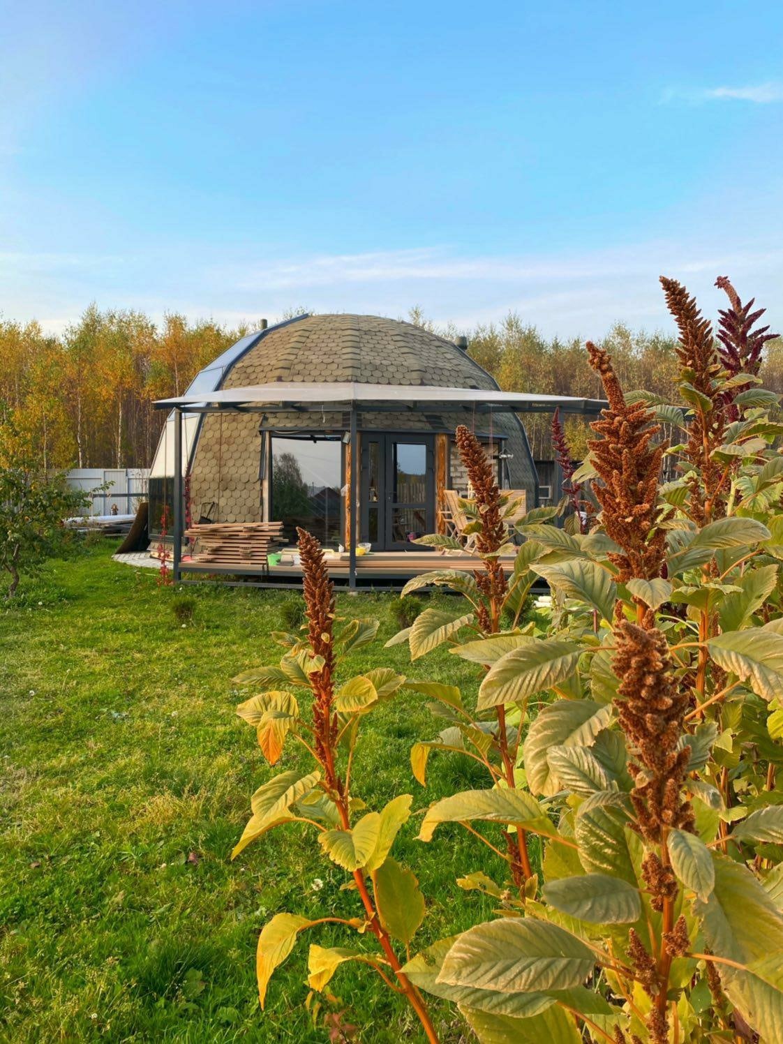 Oryginalny dom w kształcie kopuły z drewnianą konstrukcją i dużymi oknami, otoczony zielonym trawnikiem i roślinami, z lasem w tle.
