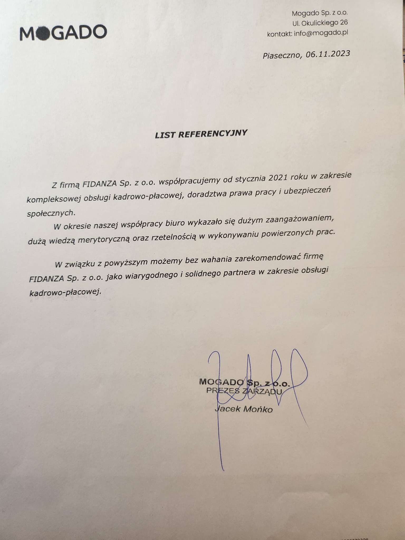 Skan listu referencyjnego od Mogado Sp. z o.o. dla firmy FIDANZA Sp. z o.o. dotyczący kompleksowej obsługi kadrowo-płacowej, doradztwa prawa pracy i ubezpieczeń społecznych, z datą 06.11.2023...