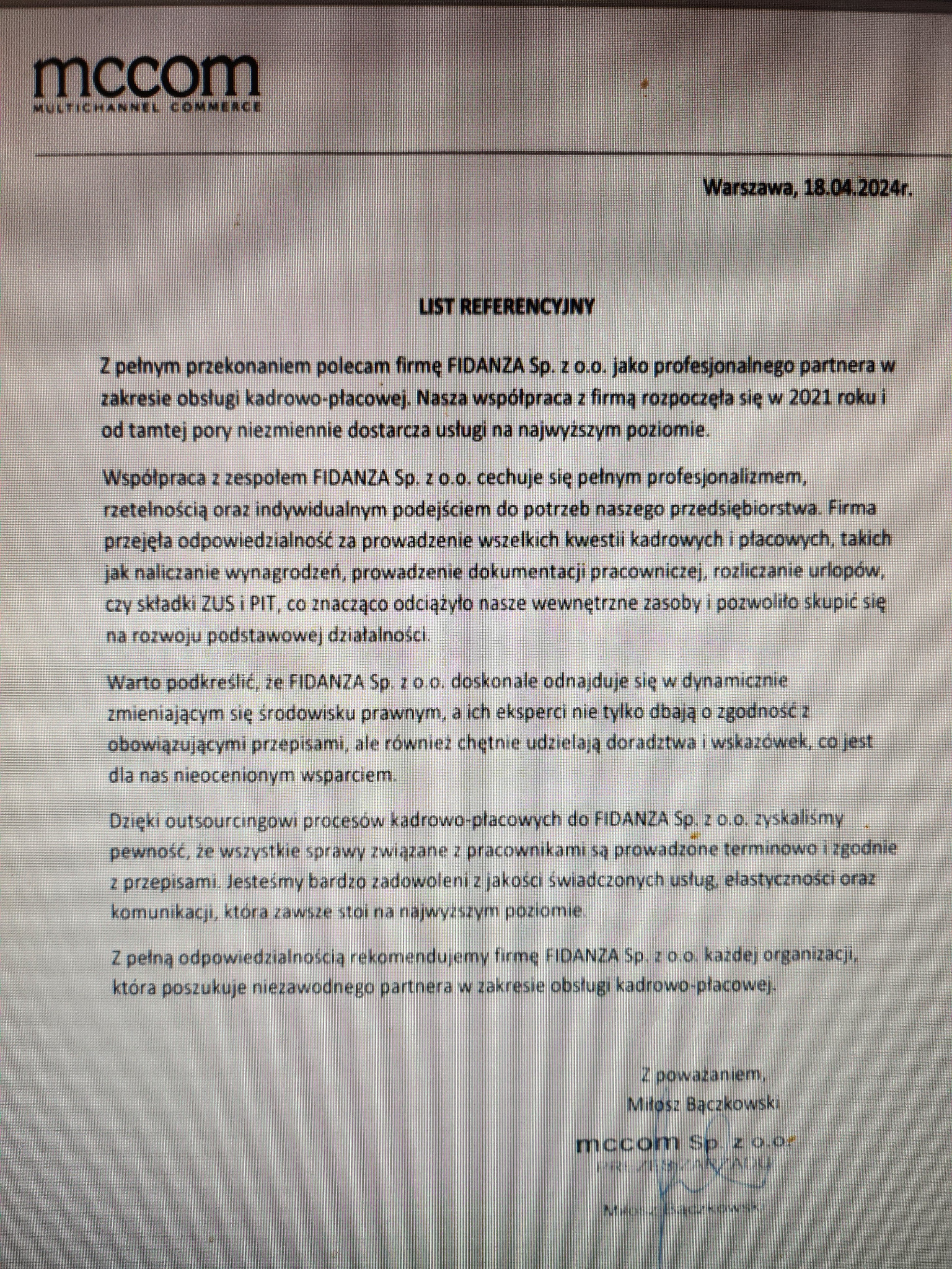 Skan listu referencyjnego od firmy MCCOM Sp. z o.o. dla firmy FIDANZA Sp. z o.o. potwierdzający profesjonalizm i wysoką jakość usług kadrowo-płacowych.