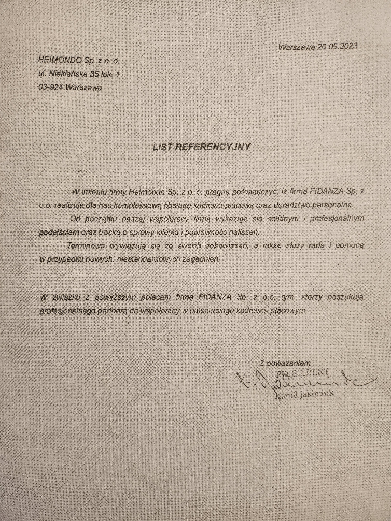 Skan listu referencyjnego od firmy Heimondo Sp. z o.o. dla firmy Fidanza Sp. z o.o. potwierdzający kompleksową obsługę kadrowo-płacową i doradztwo personalne, z datą 20.09.2023 i podpisem...