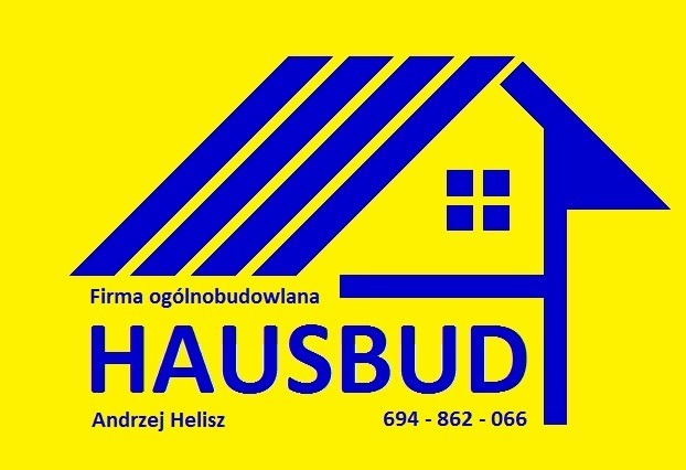 Logo firmy ogólnobudowlanej HAUSBUD w kolorach niebieskim i żółtym, z motywem domu i danymi kontaktowymi.