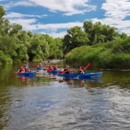 Grupa kajakarzy płynie po rzece otoczonej zielenią, niektórzy w kamizelkach ratunkowych, wiosłując czerwonymi wiosłami.
