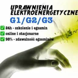 Grafika informacyjna: Uprawnienia elektroenergetyczne G1/G2/G3, 24h szkolenie i egzamin, online i stacjonarne, 98% zdawalność egzaminów, z wizualizacją dłoni dotykającej energii.